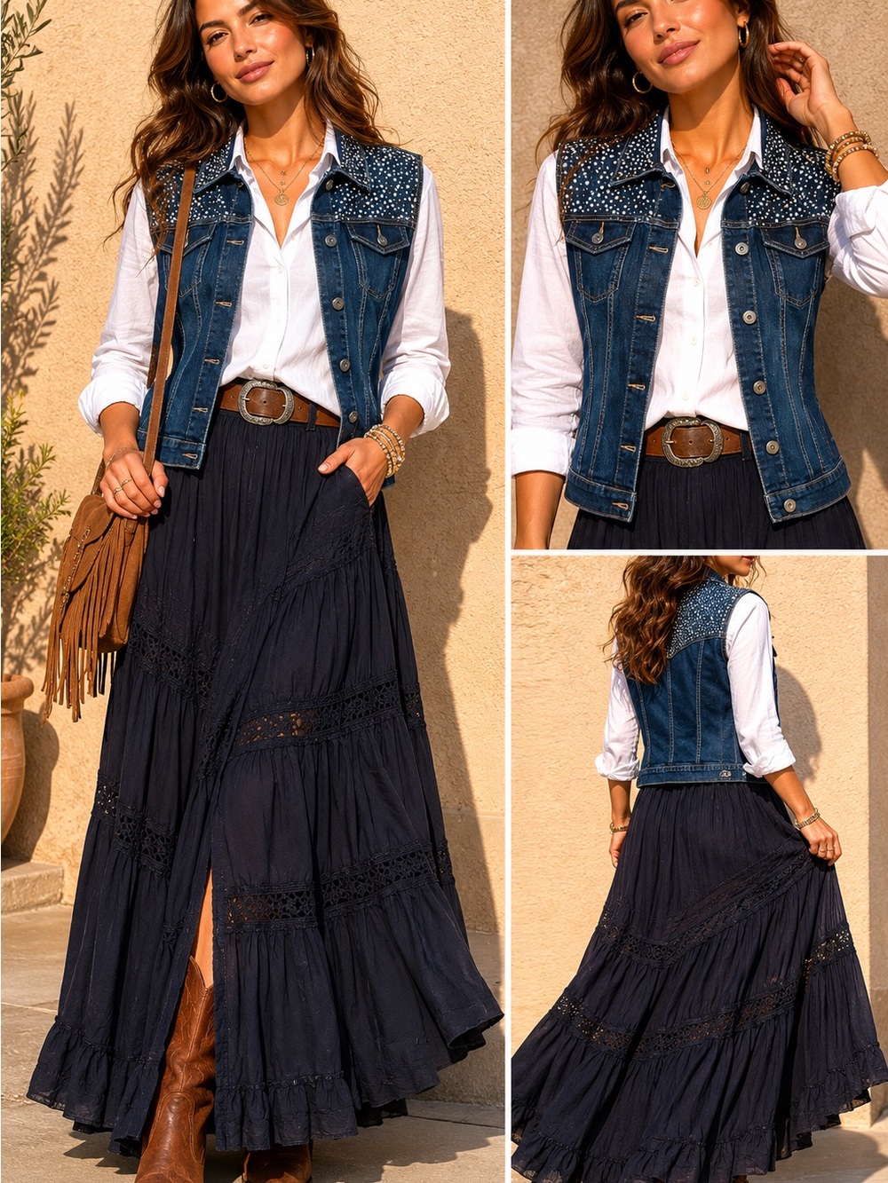 NEW Ethyl Vintage Vest Dark Wash Denim Rhinestone Studded Boho Western Size L